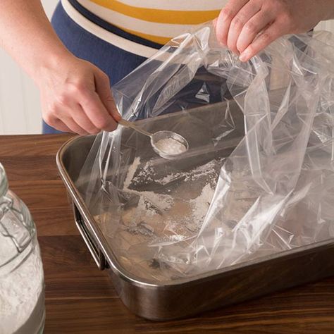 Preparing a roasting pan for a turkey in an oven bag. Roasting Bag Turkey, Bake Turkey In Oven Bag, Turkey In A Bag Recipes Ovens, Turkey Bag Recipes, Turkey In An Oven Bag, Cook Turkey In Oven, Baking Turkey, Turkey In Oven Bag, How To Cook Turkey