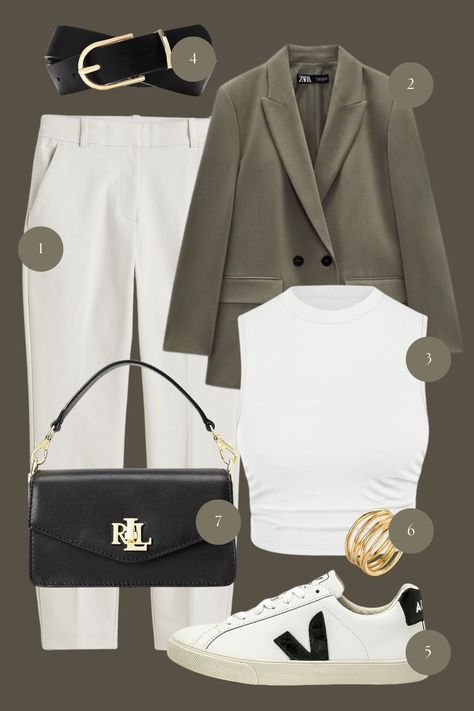 This moodboard is a curated blend of modern monochrome pieces, creating a look that’s both sleek and effortlessly casual. It features a timeless ensemble that begins with a crisp white sleeveless turtleneck, a perfect balance of sophistication and simplicity. Over this, an olive blazer adds structured elegance with a touch of contemporary color. The outfit is anchored by classic cream trousers, providing a seamless transition from formal to leisure. White Sleeveless Turtleneck, Style Inspo Casual, Olive Blazer, Casual White Sneakers, Structured Fashion, Cream Trousers, Modern Monochrome, White Sleeveless Top, Seamless Transition