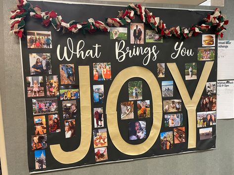 Work Picture Board Ideas, Picture Wall Ideas Office Work Spaces, What Brings You Joy Bulletin Board, Joy Bulletin Board, Family Bulletin Board, Office Bulletin Board Ideas, Family Bulletin Boards, Operation Shoebox, Office Bulletin Boards