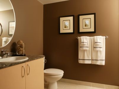 Bathroom Paint Inspiration, Modern Bathroom Colours, Feng Shui Bathroom, Bathroom Wall Colors, Dark Brown Walls, Brown Bathroom Decor, Word Press, Accent Wall Colors, Bathroom Accent Wall