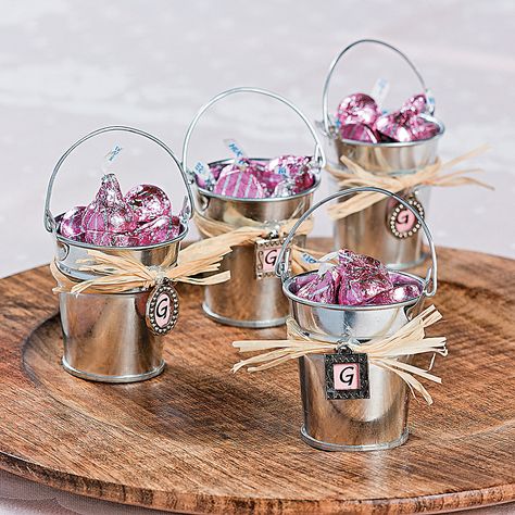 Galvanized Bucket Favors - OrientalTrading.com mini buckets qty 12 for $9.00 Metal Tin Bucket Ideas, Galvanized Buckets Wedding, Bucket Gift Ideas, Bucket Crafts, Wedding Bucket, Bucket Gifts, Bucket Ideas, Tin Bucket, Galvanized Buckets