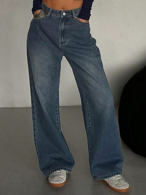 New Fashion Relaxed Fit Washed Denim Baggy Jeans For Women Blue Casual   Denim Plain Straight Leg,Wide Leg Non-Stretch  Women Clothing, size features are:Bust: ,Length: ,Sleeve Length: Denim Baggy Jeans, Blue Baggy Jeans, Jean Azul, Baggy Jeans For Women, Cape Lehenga, Gift Inspo, Dark Blue Jeans, Jeans For Women, Washed Denim