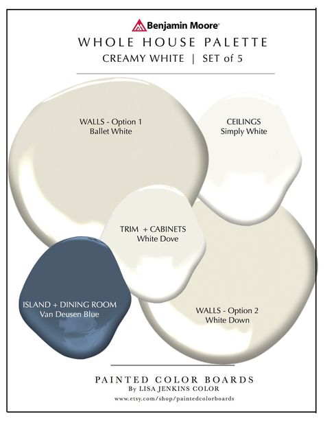 This Kitchen Decor item by PaintedColorBoards has 587 favorites from Etsy shoppers. Ships from Belmont, NC. Listed on Jul 3, 2024 Van Deusen Blue, Benjamin Moore White, House Color Palettes, Paint Color Schemes, Neutral Paint Colors, House Color Schemes, White Paint Colors, Simply White, Favorite Paint