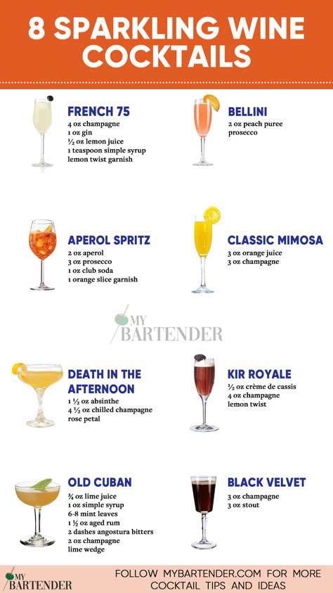 Sparkling Wine Cocktails Drink Recipes With Prosecco, Wine Based Cocktails, Drinks With Prosecco, Fancy Drinks Cocktails, Cocktails With Wine, Spritzer Cocktails, Sparkling Wine Cocktail Recipes, Sparkling Wine Drinks, Spritz Cocktails