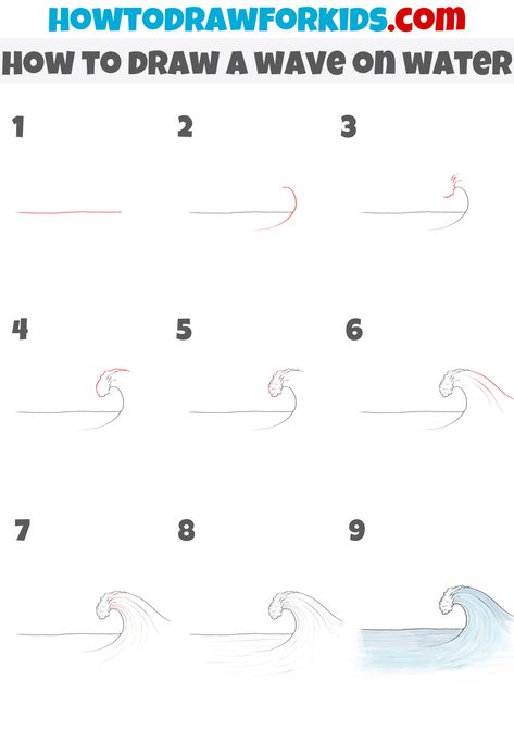 how to draw a wave on water step by step How To Draw A River Step By Step, How To Draw Waves Step By Step, How To Draw A Wave, How To Draw Waves, Water Doodles, Water Step By Step, Draw Waves, Drop Drawing, Water Drop Drawing