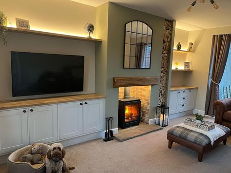 Modern Log Burners, Fireplace Surround Ideas, Woodburning Stove Fireplace, Wood Burner Fireplace, Log Burner Fireplace, Log Burner Living Room, Cottage House Interior, Red Brick Fireplaces, New House Living Room