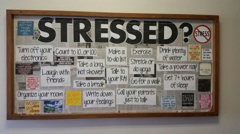 Stress tips bulletin board Bulletin Boards Ideas, Staff Bulletin Boards, Resident Assistant Bulletin Boards, Counseling Bulletin Boards, Health Bulletin Boards, Office Bulletin Boards, High School Bulletin Boards, College Bulletin Boards, Work Bulletin Boards