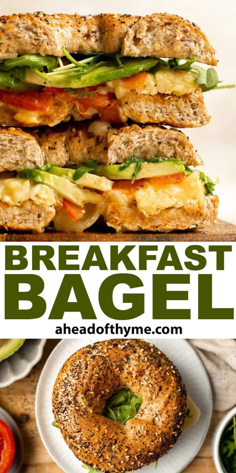 With layers of scrambled eggs, melty cheese, fresh tomato, creamy avocado, and peppery arugula, this Breakfast Bagel is a perfect, veggie-packed way to start your day. Although it starts as a cheddar cheese bagel breakfast sandwich, the veggies and mayo take it over the top. This will become your absolute favorite breakfast sandwich, and you'll be thinking about these flavors all day long! The ultimate breakfast sandwich! | aheadofthyme.com #breakfastbagel #breakfastsandwich # via @aheadofthyme Avocado Bagel Breakfast, Pomegranate Desserts, Lush Desserts, Bagel Sandwiches, Egg Bagel, Bagel Breakfast, Tomato Breakfast, Bagel Breakfast Sandwich, Bagel Toppings