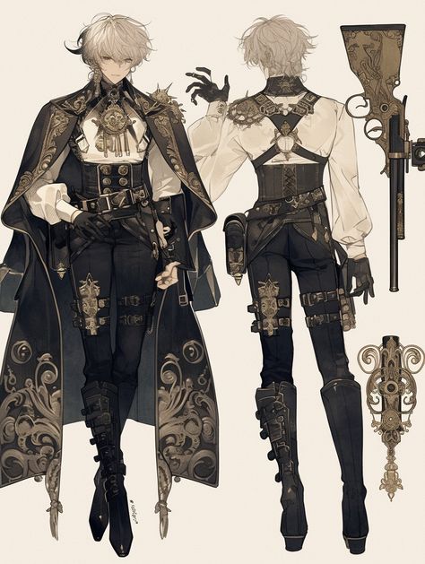 Monster Hunter Outfit Male, Magical Outfits Drawing Male, Victorian Steampunk Fashion Male, Corset Men Drawing, Steampunk Man Outfit, Victorian Steampunk Men, Masculine Victorian Clothing, Fancy Fantasy Outfits Male, Dnd Bard Outfits Male