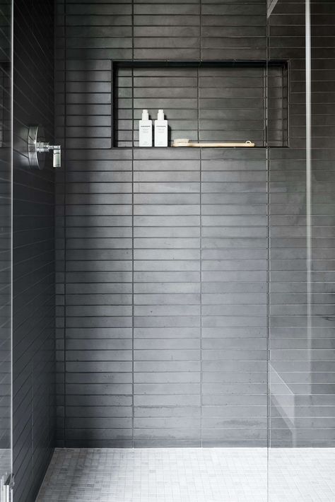 5 Fresh Grout Ideas & Trends That Should Be On Your Radar - Emily Henderson Black Floor Tiles, Bathroom Design Inspiration, Boys Bathroom, Tiles Design, Basement Bathroom, Black Floor, Tile Flooring, Bathroom Renos, Shower Stall