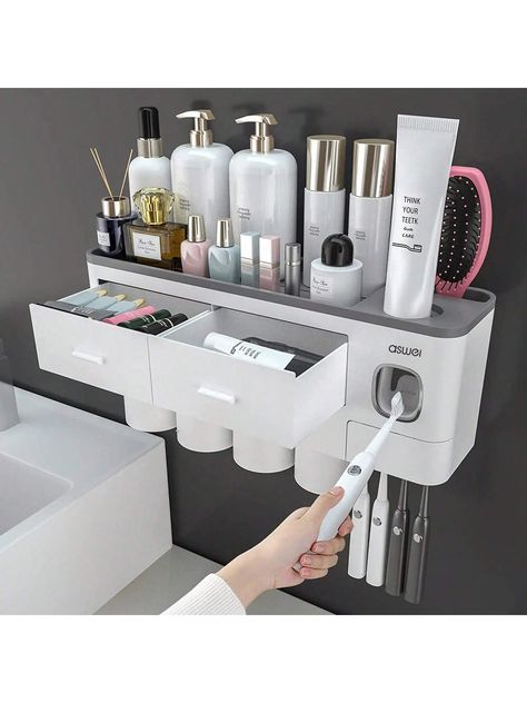 1pc Toothbrush Holder With Gargle Cup, AutomaticToothpaste Dispenser, Wall Mounted Toothbrush Wall Mounted Toothbrush Holder, Space Saving Bathroom, Bathroom Storage Racks, Toothbrush Toothpaste, Toothpaste Dispenser, Bathroom Storage, Toothbrush Holder, Storage Rack, Bathroom Accessories