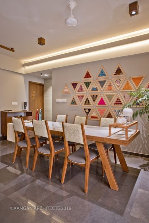 OWN HOUSE – Aangan Architects Dining Area Design India, Dining Hall Wall Decor, Dining Area Painting Ideas, Frames For Dining Room Wall Decor, Dining Space Wall Decor, Dining Room Framed Art, Creative Wall Decor Ideas Living Room, Dining Area Wall Design Modern, Wall Art Dinning Room Inspiration