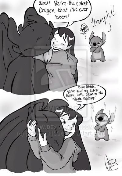 Lilo loves stitch more. ❤️ Toothless X Light Fury Fanart, Stitch And Toothless Wallpaper, Toothless And Stitch, Lilo And Stitch Quotes, Disney Crossovers, Film Disney, Disney Jokes, It Funny, Cartoon Crossovers