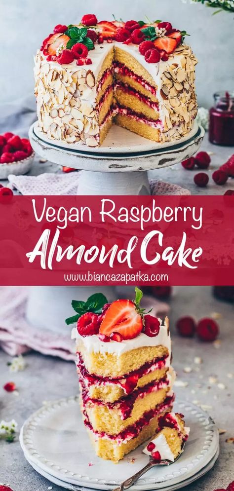 Raspberry Almond Cake, Raspberry And Almond Cake, Dairy Free Cake Recipe, Vegan Gluten Free Cake, Retro Desserts, Vegan Birthday Cake, Gluten Free Cake Recipe, Vegan Gluten Free Desserts, Fruity Cake