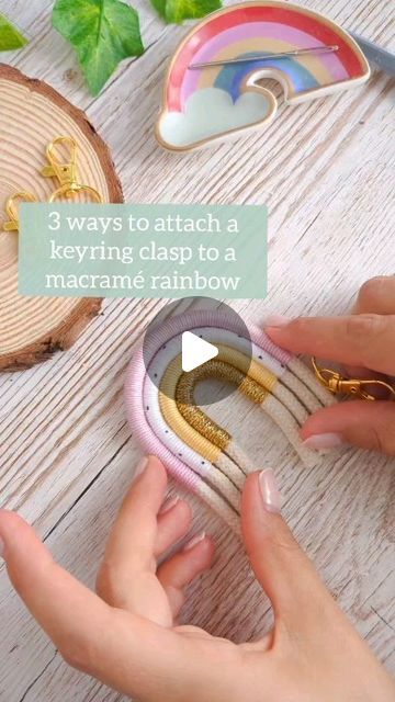 Ashfield Macramé | Vicky 👋 on Instagram: "This is key! If your rainbow is not properly attached to the keyring clasp, bye bye rainbow 🌈👋🙈   My favourite way is number 2 but it can't always be done as it depends on the thickness of the cord you're using 💞   Hope you enjoyed the tutorial!   Remember my online course is now 30% off until the end of April, don't miss out! You'll learn how to make a macramé rainbow wall hanging like a pro 👌🏾👌🏼  For more info, check out the link in my bio 🔗  Vicky xx  P.S. This is a repost as both my kids are sick and I had no energy to edit a new video 🙈  #macrame #macramerainbow #macrametips #makeathome #makeyourown #smallirishbusiness #smallbizowner #crafty #craftqueen #process #behindthescenes #makingof #howto #tutorial #stepbystep #workinprogress Macrame Rainbow Diy Keychain, Macrame Rainbow Keychain Tutorial, Macrame Rainbow Keychain, Macrame Keyring, Rainbow Macrame Wall Hangings, No Energy, Rainbow Diy, Rainbow Keychain, Rainbow Macrame