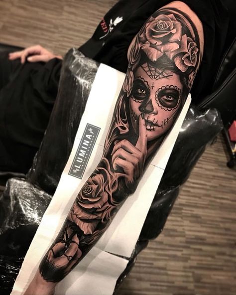 Mexican Skull Tattoos, Chicano Tattoos Sleeve, Mexican Tattoo, Catrina Tattoo, Skull Girl Tattoo, Skull Sleeve Tattoos, Skull Sleeve, Realistic Tattoo Sleeve, Forarm Tattoos