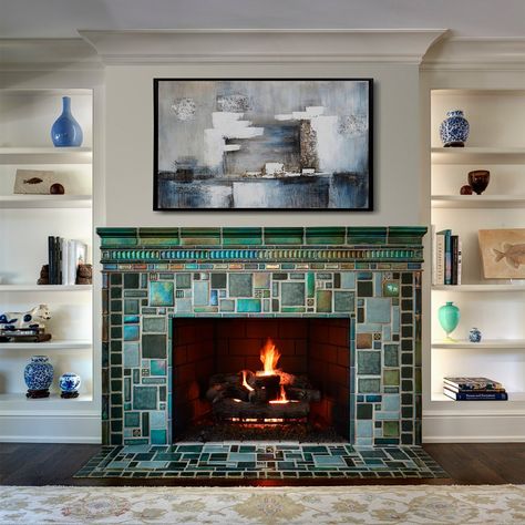 Mosaic Tile Fireplace, Mosaic Fireplace, Craftsman Fireplace, Teal Tile, Craftsman Tile, Pewabic Pottery, Fireplace Fronts, Fireplace Tile Surround, Craftsman Style Home