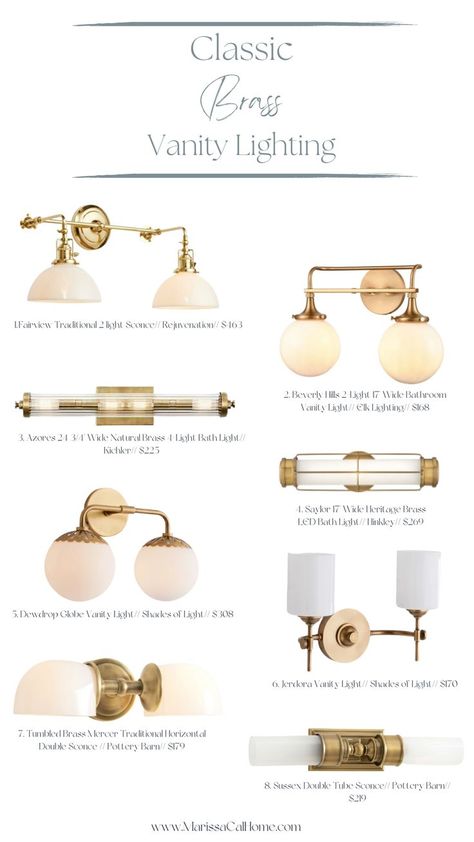 Affordable vintage-inspired brass and gold vanity lighting to upgrade your bathroom. Gold 2 Light Vanity Light, Classic Bathroom Light Fixtures, Vintage Gold Bathroom Mirror, Bathroom Vanity Ceiling Lighting, Vanity Light Brass, Above Sink Lighting Bathroom, Brushed Brass Bathroom Light Fixtures, Bathroom Lighting Brass, Vintage Gold Mirror In Bathroom