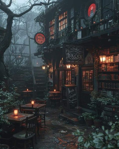 Moody Log Cabin, Moody Rain Aesthetic, Coffee And Rain Aesthetic, Rainy Coffee Shop, Cozy Apothecary, Dark Academia Building, Dark Library Aesthetic, Apothecary Aesthetic, Dark Academia Library