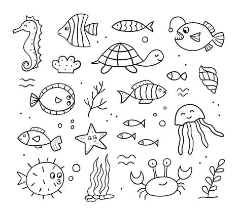 Ocean Life Doodles, Summer Doodle Art, Summer Doodles Easy, Ocean Doodles Aesthetic, Ocean Animal Drawings Easy, Ocean Animal Doodles, Florida Doodles, Beach Doodles Easy, Ocean Doodles Simple