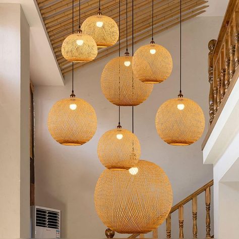 Amazon.com: KXKLGWHN Creative Round Ball Rattan Pendant Light,Simple and Retro Weaving Hanging Lamp,E27 Screw Single Headed Chandeliers,Lighting Fixtures for Restaurants,staircases and Tea Rooms : Tools & Home Improvement Retro Ceiling Lights, Bamboo Light, Bulb Pendant Light, Living Room Corner, Bamboo Pendant Light, Wooden Light, Rattan Pendant Light, Bamboo Weaving, Modern Lamp Shades