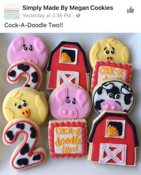 Moo Moo I’m Two Cookies, Cocka Doodle Two Birthday, Cockadoodle Two Birthday, Oink Moo Cockadoodle Doo Birthday, Birthday Cale, Second Birthday Boys, Farm Themed Party, 2nd Birthday Party For Girl, Barnyard Birthday Party