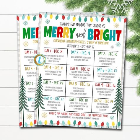 Printable Editable Holiday Teacher and Staff Appreciation Itinerary Christmas Merry and Bright Theme Winter Flyer Poster, Schedule of Events - Etsy Nurse Christmas Party Ideas, Hospital Event Ideas, Winter Employee Appreciation, School Staff Holiday Activities, Winter Themed Teacher Appreciation, Office 12 Days Of Christmas Ideas, Holiday Theme Days For School, Holiday Teacher Appreciation Ideas, 12 Days Before Winter Break For Teachers