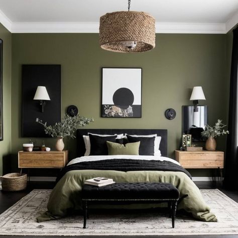 black bedroom | Olive Color: Your Guide for Decor Colors That Go With Olive Green | Decoist Bedroom Olive Green, Olive Green Rooms, Olive Bedroom, Olive Green Bedrooms, Mens Bedroom Decor, Green Bedroom Decor, Sage Green Bedroom, Black Bedroom Furniture, Deco Studio