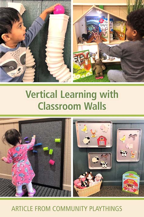 “Rather than thinking about classroom walls solely as a place to post “stuff”, start viewing walls as places for children to actively interact and engage. Begin using the classroom walls as a powerful learning tool and capture their power by creating vertical learning environments that offer children places to play, collaborate, manipulate, and learn.” This article by Sandra Duncan outlines creative ways to make the most of the wall space in your classroom. Infant Sensory Wall Ideas, Wall Ideas For Preschool Classroom, Daycare Interactive Wall, Nursery Sensory Wall, Vertical Learning Wall, Sensory Wall For Preschool, Sensory Wall Activities, Interactive Playroom Wall Ideas, Playroom Learning Wall