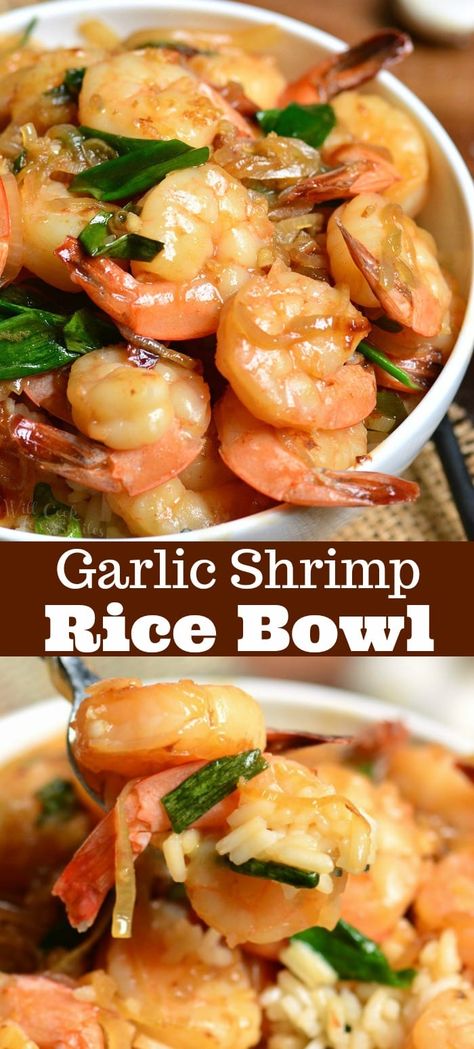 Garlic Shrimp Rice Bowl is an easy dinner and incredibly delicious. Sauteed shrimp in sweet and salty garlic sauce is served over fluffy rice. #dinner #easydinner #shrimp #seafood #sauce #rice Garlic Shrimp Rice, Shrimp Rice Bowl Recipe, Shrimp Rice Bowl, Shrimp Bowls, Shrimp Rice, Fluffy Rice, Seafood Sauce, Rice Bowls Recipes, Sauteed Shrimp