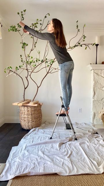 Jess & Matt ◎ Home Design Guides on Instagram: "“Where’d you get the branches?” “How’d you attach them?” “How much did it cost?” The story in my Stories today—AND on the blog (that lovely link in my profile👈😉)!             Song credit: Angie Rose, Limoblaze “Unstoppable”   #cornerofmyhome #diyprojects #livingroominspiration #thinkcreatively #simpledesign #warmminimalism #cozyminimalist #naturalhome #doingneutralright #diyhome #lightandbright #simplehomewelove #earthinspiredhome #bloggervibe Fake Tree Diy, Fake Indoor Trees, Faux Tree Branches, Faux Trees, Tree Branch Decor, Branches Diy, Faux Branches, Indoor Tree, Faux Olive Tree