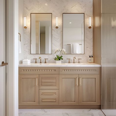 Big Mirrors In Bathroom, Large Bathroom Renovations Master, Simple Modern Master Bath, Primary Suite Bathroom Design, Big Bathroom Remodel Ideas, Carrara Marble Shower Ideas, Dual Vanity Bathroom Ideas Modern, Bathroom Remodel 2 Sinks, Bathroom Shower Interior Design