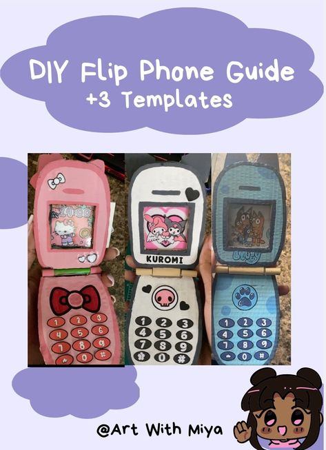 Hello Kitty Cardboard Flip Phone, Diy Flip Phone Template, How To Make A Cardboard Flip Phone, Hello Kitty Cardboard Flip Phone Template, Sanrio Cardboard Craft, Cardboard Flip Phone Tutorial, Kuromi Flip Phone Template, My Melody Flip Phone Template, Tamagachi Template