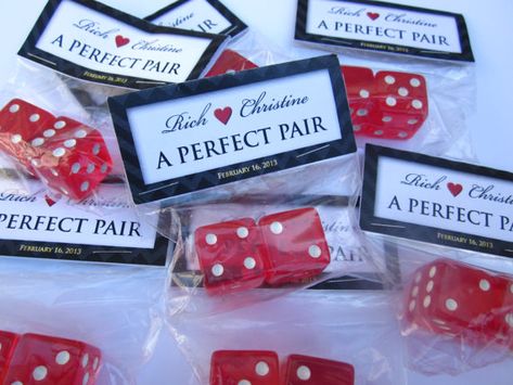 Dice as party favors! Choose-Your-Own-Adventure with Role Playing elements at each table as ice breakers! Vegas Bridal Shower Ideas, Vegas Themed Bridal Shower Ideas, Casino Themed Bachelorette Party, Casino Theme Engagement Party, Casino Bridal Shower Ideas, Fancy Party Ideas, Vegas Wedding Favors, Retro Wedding Theme, Casino Birthday Party