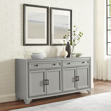 Whether you love a traditional look or a modern farmhouse vibe, the Tara Sideboard fits the bill. Featuring two wide full-extension drawers and two large cabinets with adjustable shelves, this sideboard offers high-end home organization. Use the Tara Sideboard as a buffet for your dining room, a TV stand for your living room, or a console for your home office. Crosley Large Cabinets, Sideboard Grey, Dining Room Sideboard, Grey Dining Room, Kitchen Sideboard, Wooden Sideboard, Large Cabinet, Grey Dining, Buffet Cabinet