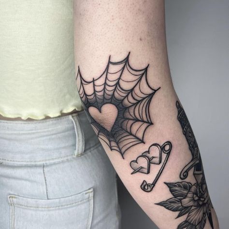 Spiderweb With Heart Tattoo, Cute Spiderweb Tattoo, Halloween Heart Tattoo, Cobweb Elbow Tattoo, Elbow Web Tattoo, Heart Tattoo Elbow, Heart Elbow Tattoo, Elbow Spider Web Tattoo, Spiderweb Tattoo Design