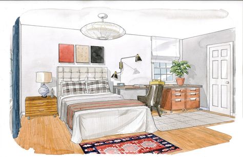 Interior Design Presentation Layout, Bedroom Watercolor, Watercolor Bedroom, Perspective Room, House Design Drawing, Spring Bedroom, Interior Design Renderings, Drawing Interior, Interior Design Drawings