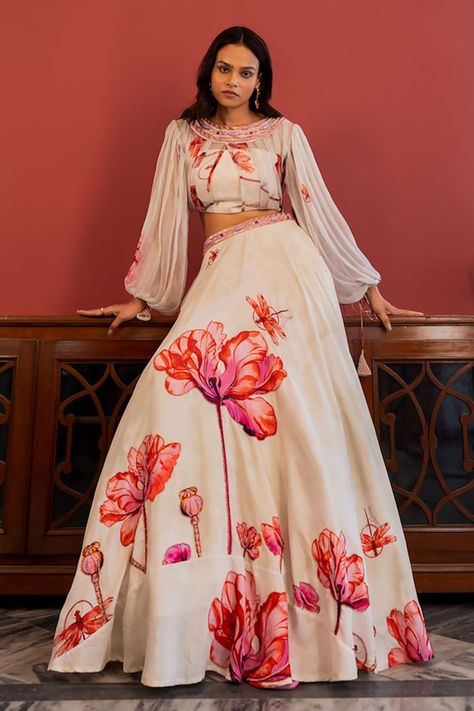 Buy Ivory Silk Georgette Embroidered Beads Round Floral Kurta And Pant Set For Women by Chandrima Online at Aza Fashions. Lehenga With Balloon Sleeves, Ballon Sleeves Blouse Indian Lehenga, Floral Lehanga Outfits, Long Sleeve Lehenga, White Printed Lehenga, Ballon Sleeve Dress, Balloon Sleeves Pattern, Western Dress For Women, Embroidered Beads