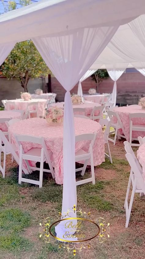 Canopy Party Decorations, Quinceañera Table Set Up, Quince Court Table, Lavender Quinceanera Ideas, Coquette Bday, Party Tent Decorations, Quince Court, Tent Draping, Lavender Quinceanera