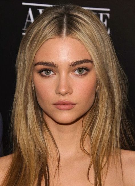 Blonde Brown Eyes Makeup, Blonde Hair For Cool Skin Tones Green Eyes, Morphed Face Claims, Green Eyes Celebrities, Makeup For Blondes With Green Eyes, Blonde Dark Eyebrows, Pretty Face Shape, Blonde Woman Face Claim, Florence Pugh Nose