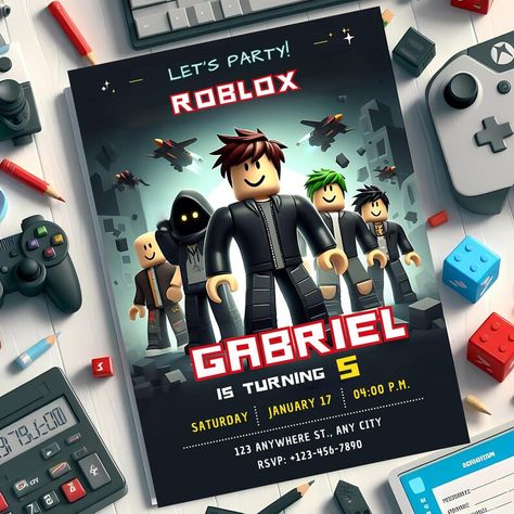 Roblox-themed birthday invitation featuring animated Roblox characters for a boys birthday party. Customizable and editable digital invitation for a 5th birthday celebration or any age. Roblox Party Invitations, Roblox Invitation, Roblox Boys, Template Game, Roblox Party, Roblox Birthday, Roblox Characters, Game Party, Birthday Kids