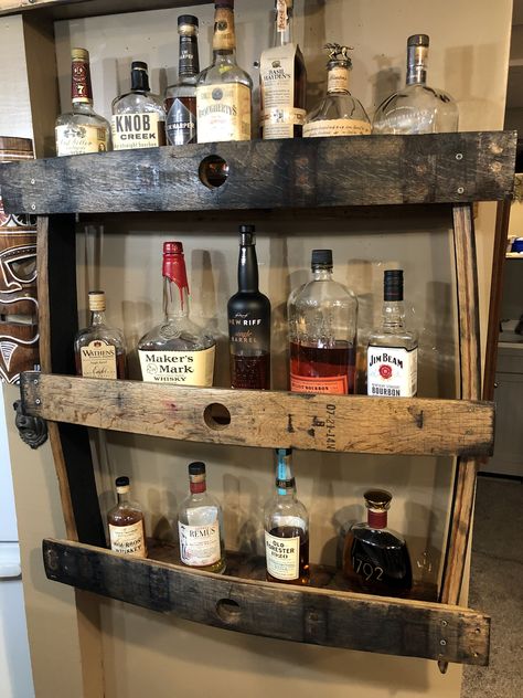 Bourbon Barrel Decor, Bottle Display Shelf, Whiskey Barrel Decor, Small Man Cave, Bourbon Bottle, Whiskey Barrel Furniture, Man Cave Furniture, Barrel Projects, Wine Barrel Furniture