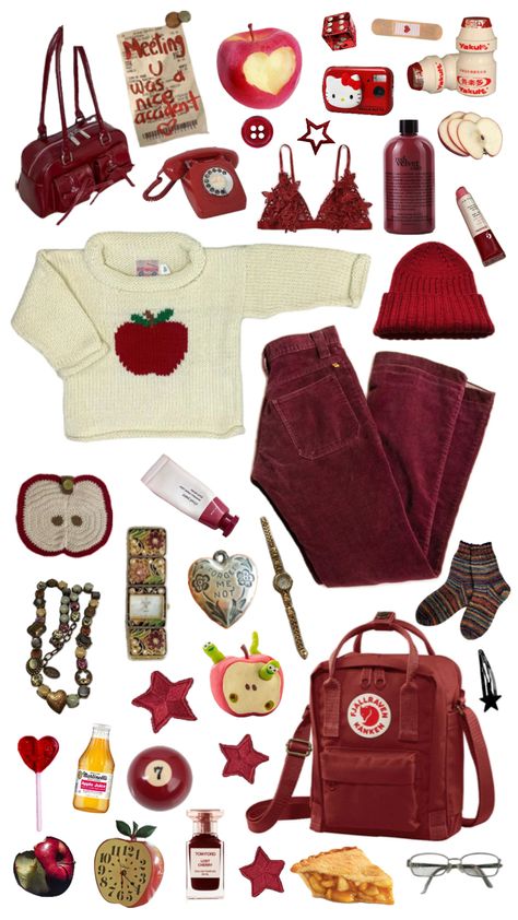 Tags: red apple kidcore whimsy whimsical fruit outfit moodboard kanken vintage thrift Apple Inspired Outfits, Apple Aesthetic Outfit, Fruit Aesthetic Outfit, Craftcore Outfit, Apple Core Aesthetic, Caterpillar Aesthetic, Apple Outfits, Kanken Style, Fruit Outfit