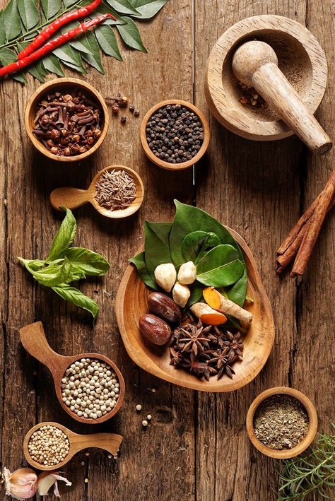 Spices and Herbs Rempah Rempah Photography, Spices Photography Food Styling, Herbs And Spices Photography, Indian Spices Photography, Indonesian Food Photography, Herb Photography, Papan Menu, Indian Herbs, Herbs Image