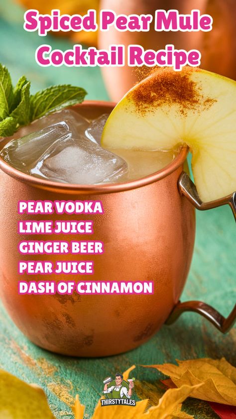 Discover the perfect Spiced Pear Mule Cocktail Recipe for your fall gatherings! This delightful twist on the classic Moscow Mule combines the warmth of spiced pears with zesty ginger beer, making it an ideal choice for Christmas party drinks. Elevate your celebrations with this unique cocktail recipe that embodies the essence of fall. Perfect for cozy evenings and festive occasions, this Pear Moscow Mule is a must-try for any cocktail lover. Holiday Rum Drinks, Pear Moscow Mule, Spiced Pears, Fruity Mixed Drinks, Thanksgiving Cocktail Recipes, Unique Cocktail Recipes, Christmas Party Drinks, Christmas Drinks Recipes, Vodka Lime