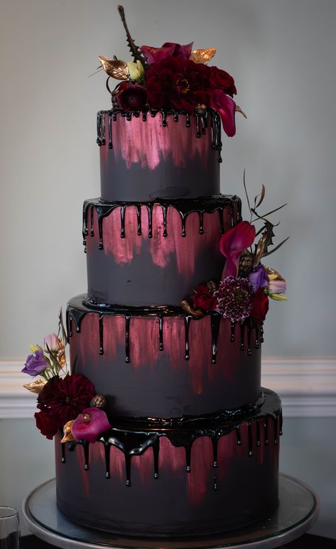 Unique and stunning Alt Wedding Cake, Goth Wedding Cakes, Goth Forest Wedding, Dark Romantic Wedding Cake, Gothic Wedding Cakes, Witchy Wedding Cake, Dark Wedding Cakes, Moody Wedding Cake, Burgundy And Black Wedding