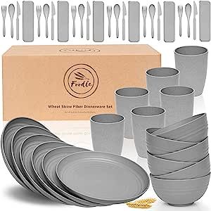 FOODLE Wheat Straw Dinnerware Sets for 6 - Lightweight & Unbreakable - Microwave & Dishwasher Safe - Perfect for Picnic, Dorm, RV Dishes - Camping Plates Cups and Bowls Set - Great for Kids & Adults Rv Dishes, Dorm Necessities, Camping Plates, Microwave Dishes, Plastic Dinnerware Sets, Camping Dishes, Rv Trips, Plastic Dinnerware, Plates And Bowls Set