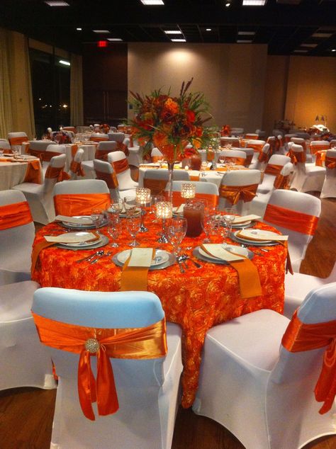 Elegant Orange Wedding/Creations Unlimited -Sharon Guillory Orange Gold And White Birthday Party, 50 Shades Of Orange Party Ideas, Orange White Gold Wedding, Orange White And Silver Party Decorations, Shades Of Orange Party Decor, Orange And White Wedding Decorations, Orange Quinceanera Theme, Orange Decorations Party, Orange Sweet 16