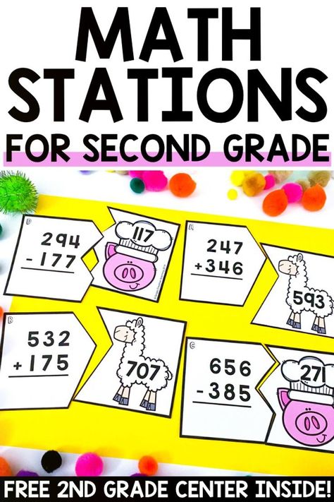 Take the hard work out of finding second grade math centers today! Check out these easy to prep math stations for 2nd grade. Get quality math centers with lesson ideas to incorporate them into your math lesson. These activities are engaging and interactive to keep your students learning. Use them for guided math rotations or early finishers. Plus, get a FREE math center to use today! Read more here! 2nd Grade Math Centers, Easy Math Centers, Guided Math Rotations, Third Grade Math Centers, 2nd Grade Math Games, Free Math Centers, Math Folders, Folder Activities, Math Rotations