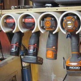 Shop time can be hard to come by during the holidays. Here's a good cheap project for a clever drill storage solution. Read on for the HowTo. Power Tool Storage, Diy Rangement, Shed Organization, Garage Tool Storage, Workshop Organization, Diy Workshop, Garage Tools, Shop Storage, Shop Organization